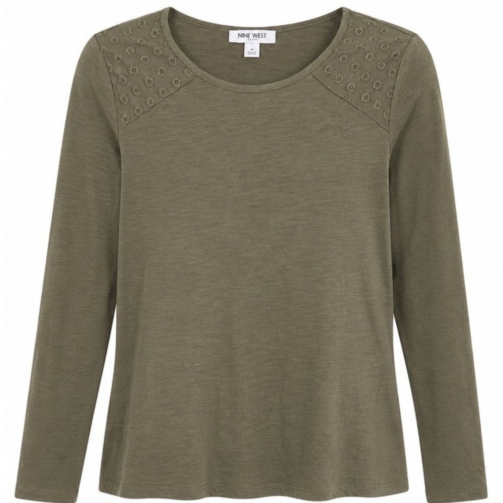 NWT Nine West Olive Green Embroidered Long Sleeve Cotton Top Size M MSRP $49